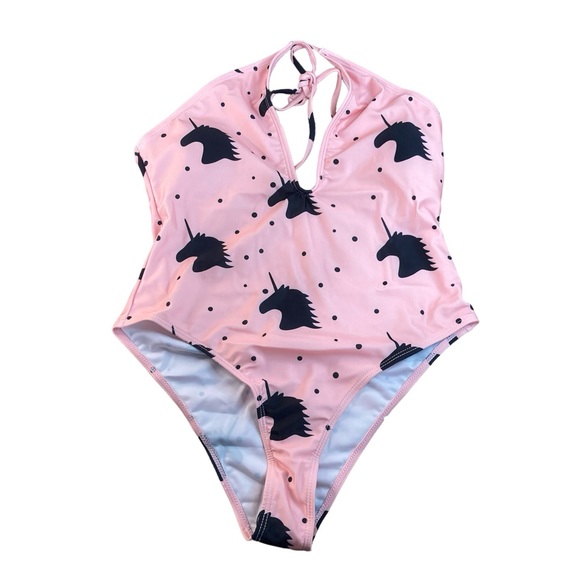 1 pc women’s swimsuit plunging neckline pink with black polka dot & unicorn NWOT - Picture 1 of 9